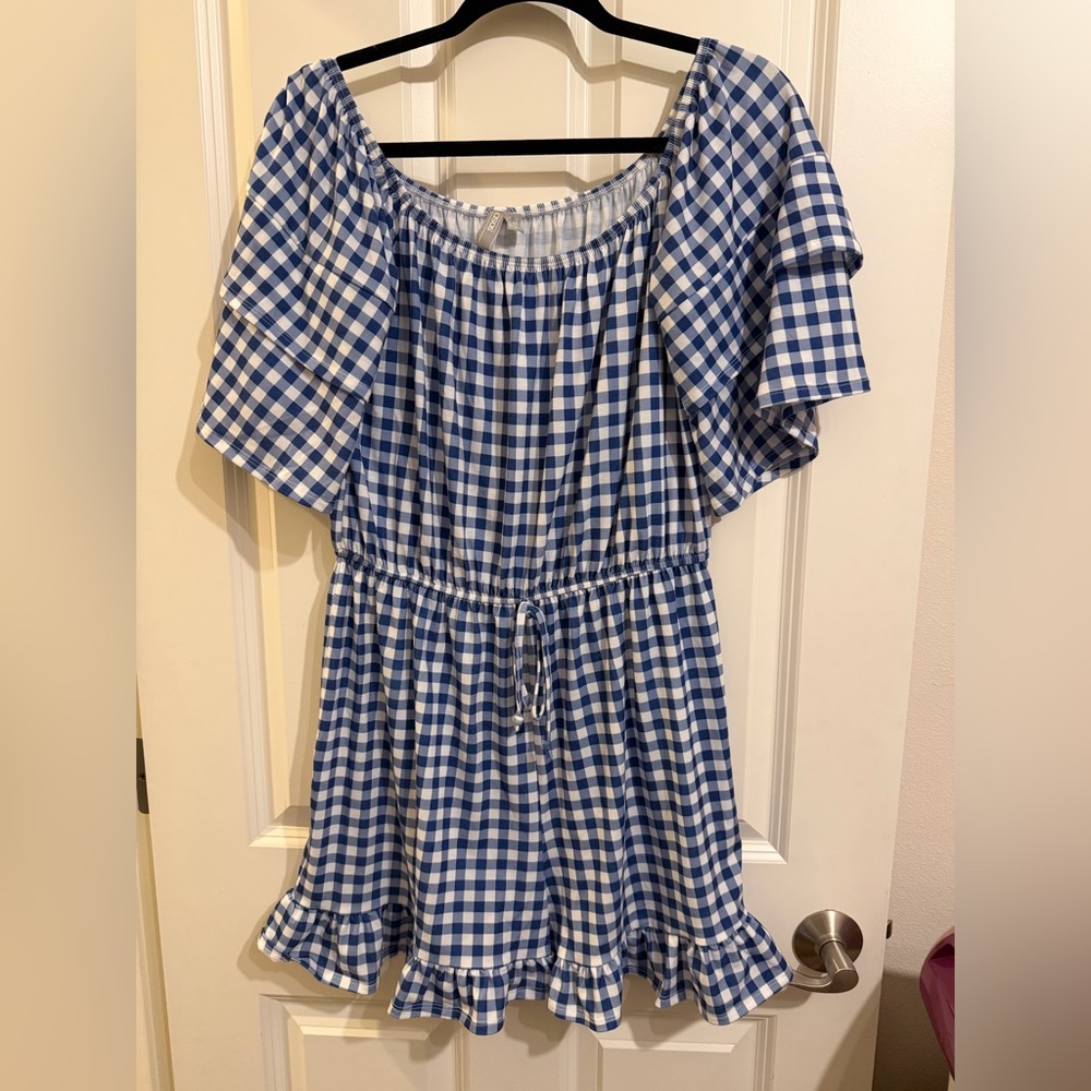 ASOS gingham blue and white shorts romper.